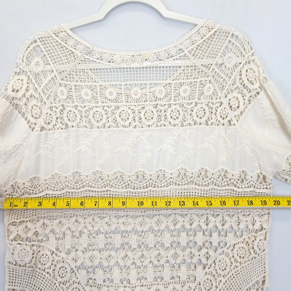 Ya Los Angles Crochet Top High Low 3/4 Sleeve‎ Women S / M Beige Boho Beachy - Picture 7 of 12
